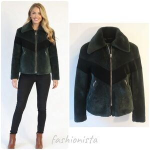 Sandro Shearling & Leather Zip Jacket – Black & Green Chevron – fit US Size 8